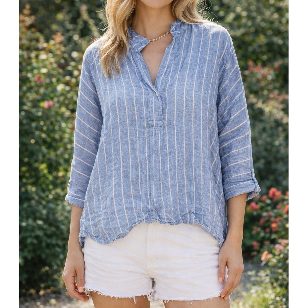 Tommy Hilfiger Womens Blue White Striped Linen Cotton Ruffle Sleeve Tunic Top M